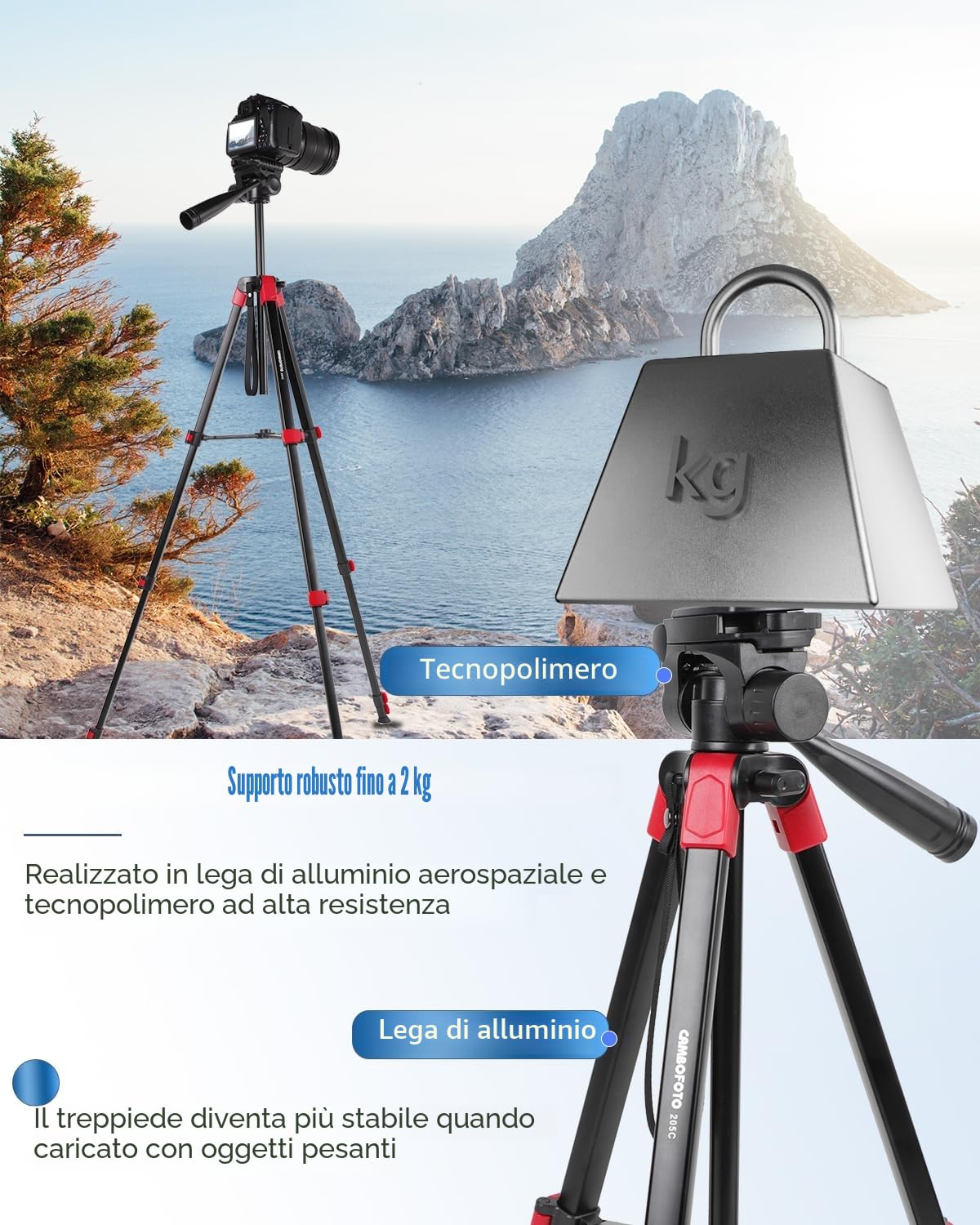 CAMBOFOTO Treppiede professionale da 172 cm, in lega di alluminio, con morsetto e borsa per il trasporto (compatibile con smartphone/tablet/DSLR)