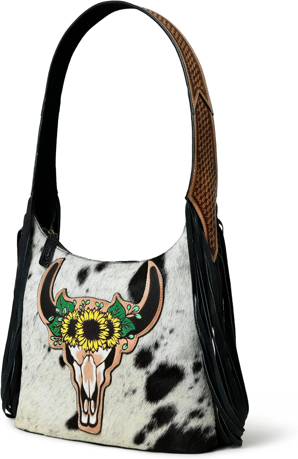 Bull Head with Sun Flower Leather Design Handbags for Women Ladies Crossbody Shoulder Bags -(Black/White)