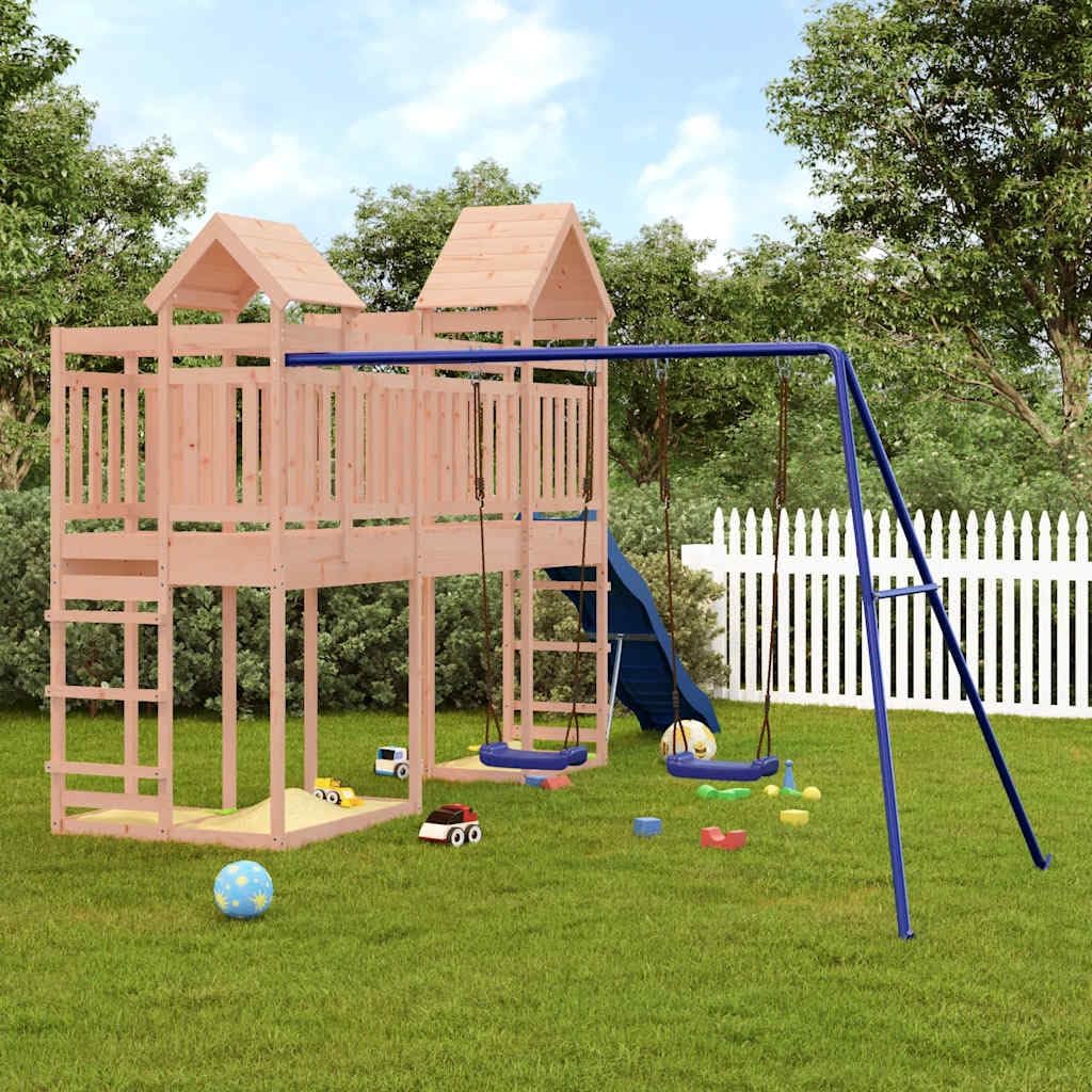 Outdoor Playset Natural Wood Blue with Wavy Slide and Two Saddle Swings for 6 Kids, Durable Douglas Fir Wood Structure for Active Play and Social Development