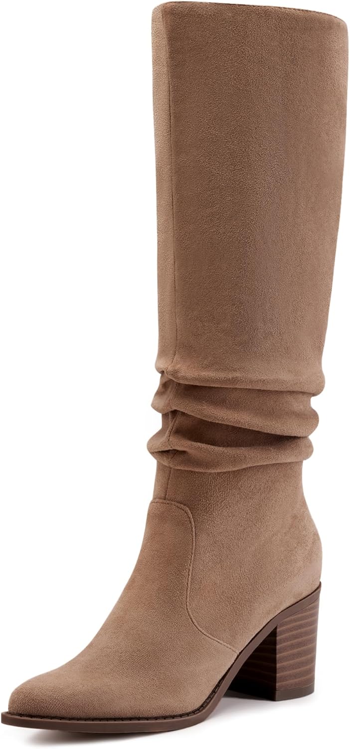 Athlefit Womens Knee High Chunky Heel Boots Faux Suede Pointed Toe Side Zipper Boots