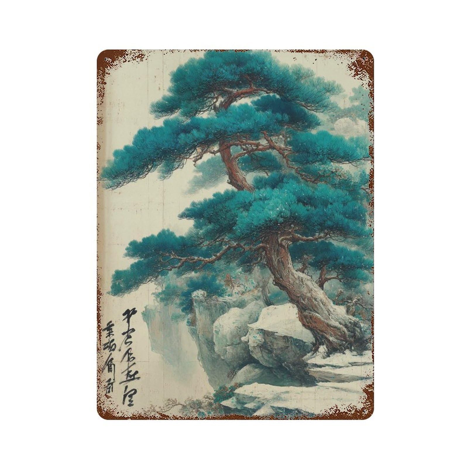 xiaoxiaoshen Japanese Pine Tree Cliffside Nature Ink Traditional Asian Landscape Zen Botanica Wall Decor Art Metal Tin Poster Modern Home Decor Art Home Bar Shop Decorations Vintage Sign 40x30cm