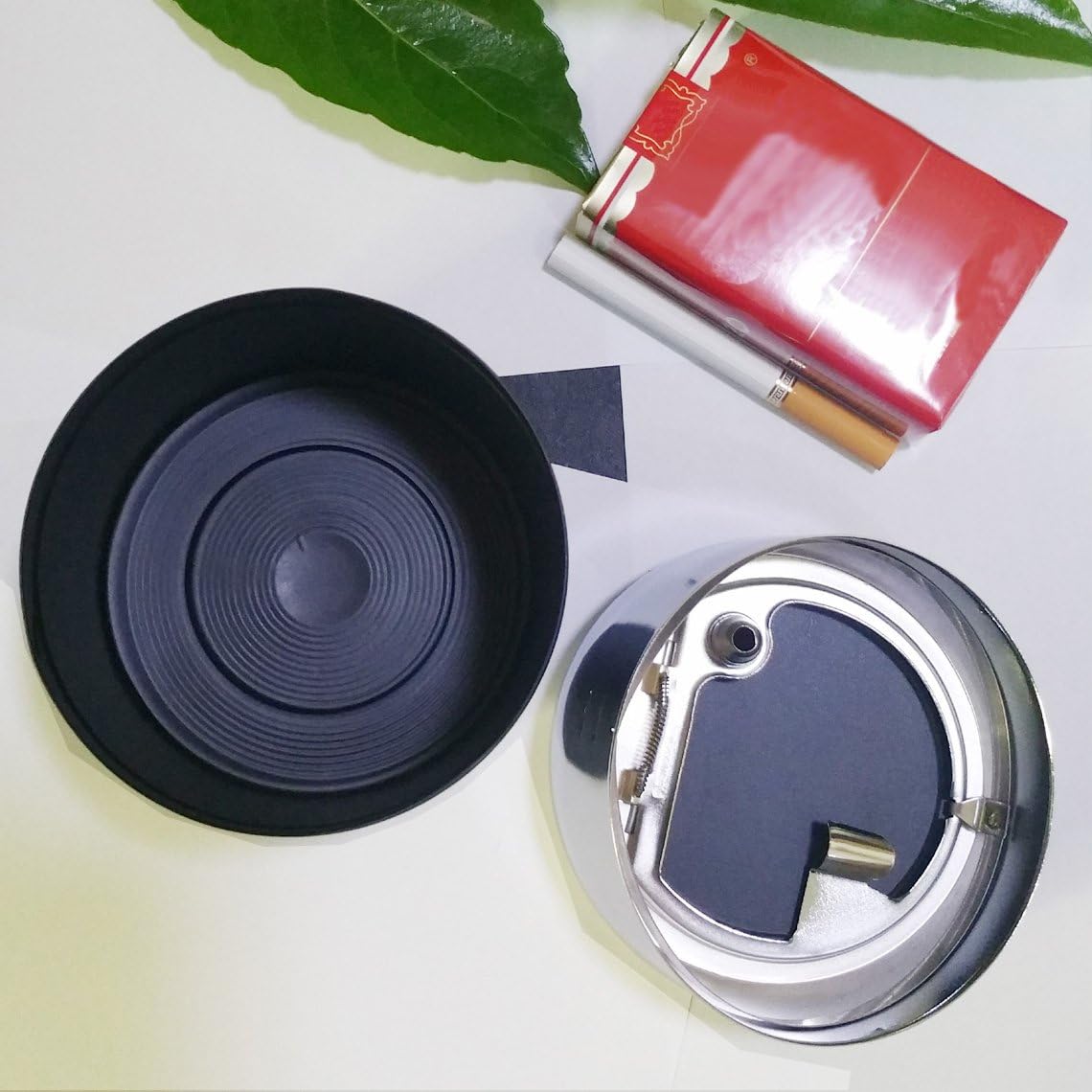 NewFerU Smokeless Metal Steel Ashtrays for Cigarettes Cigars with Covered Stainless Push Lid Portable Windproof Ash Tray Bucket for Home Tabletop,Patio,Sand,Car,Auto,Outdoors,Indoors (Big)