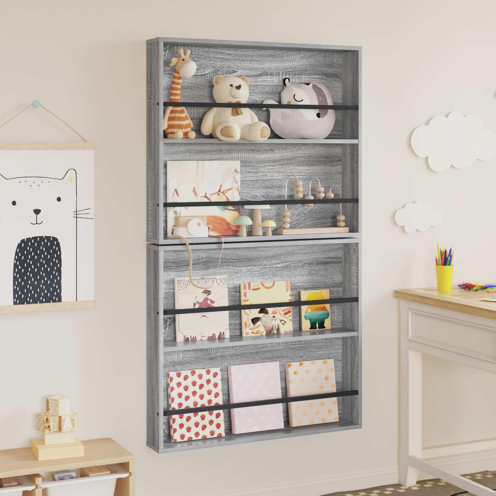 Wandmontiertes Magazinregal 2er Set in Graues Sonoma aus Holzwerkstoff 80 x 12 x 70 cm, Zeitschriftenständer, Magazinständer, Zeitungsständer, Prospektständer, Kataloghalter