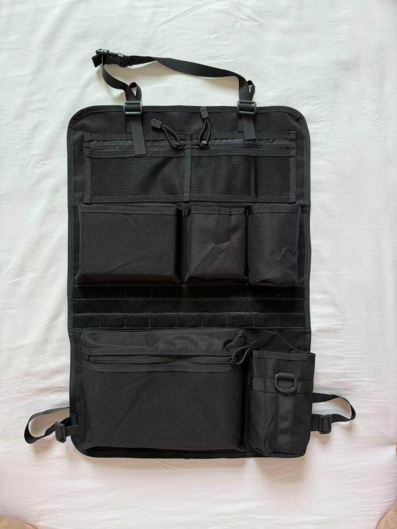 Taktischer Autositz Organizer 42x62cm mit MOLLE-System, Netztaschen, Becherhalter - Schwarz