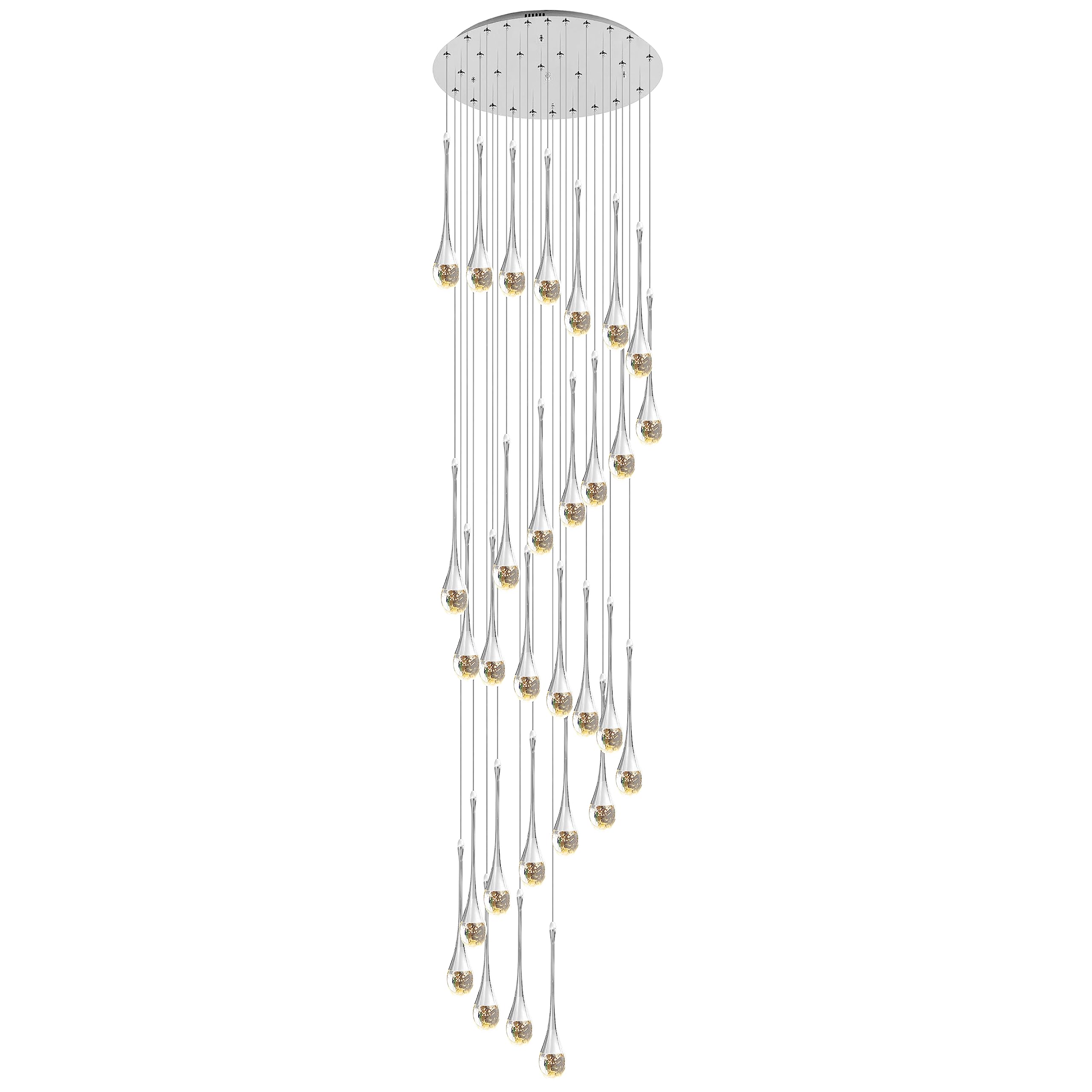KXEcoLife 30-Light LED Chandeliers Dimmable 3CCT High Ceiling Crystal Pendant Lights Fixtures 19fts (6m) Raindrop Spiral Dome Long Chandelier For Foyer Entryway Stairwell Lighting