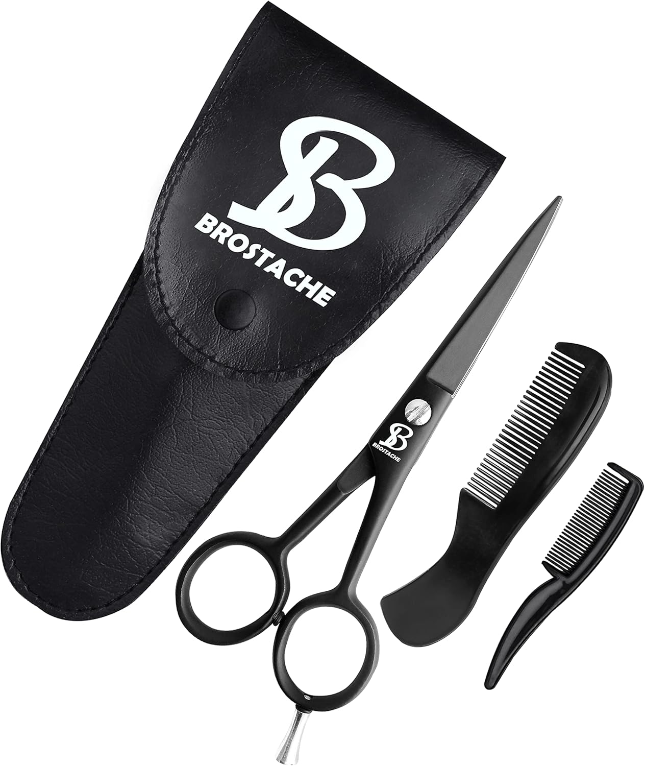 BROSTACHE Beard & Mustache Scissors for Men 5”, 2 comb & Leather Travel Pouch , Hand