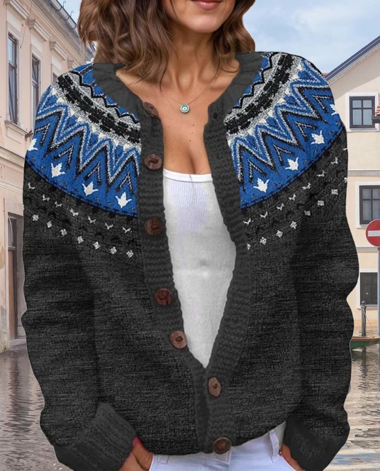 Women's Fair Isle Pattern Knit Cardigan Sweater Vintage Button Down Open Front Jacket Coat for Fall & Winter 2025 - Image 3