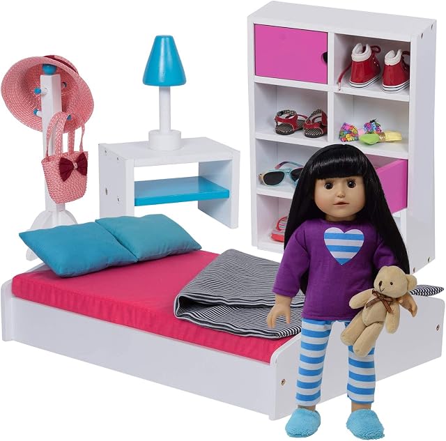 The New York Doll Collection Doll Bed & Bedroom Set Fits for Dolls - Doll Furniture Fits American Girl Dolls, White, 18 inch / 46cm