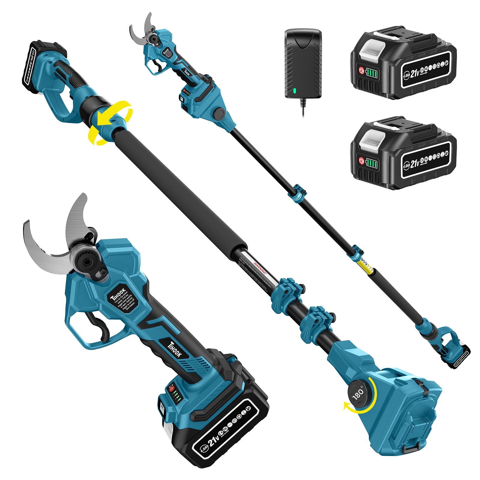 Akku Astschere Teleskop, Max Öffnung 55mm, 2-IN-1 Elektrisch Gartenschere mit 8.2 ft Teleskopstiel & 2 x 4000mAh Akkus, Bürstenloser Astschere mit LCD, Akku Schere für Baum Strauch Hecken