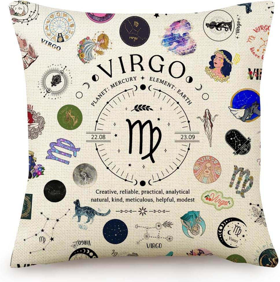 Virgo Pillow Covers 18x18, Virgo Zodiac Throw Pillow Cover for Couch Bedroom Living Room Home Decor, Birthday Gifts for Women & Astrology Lovers
