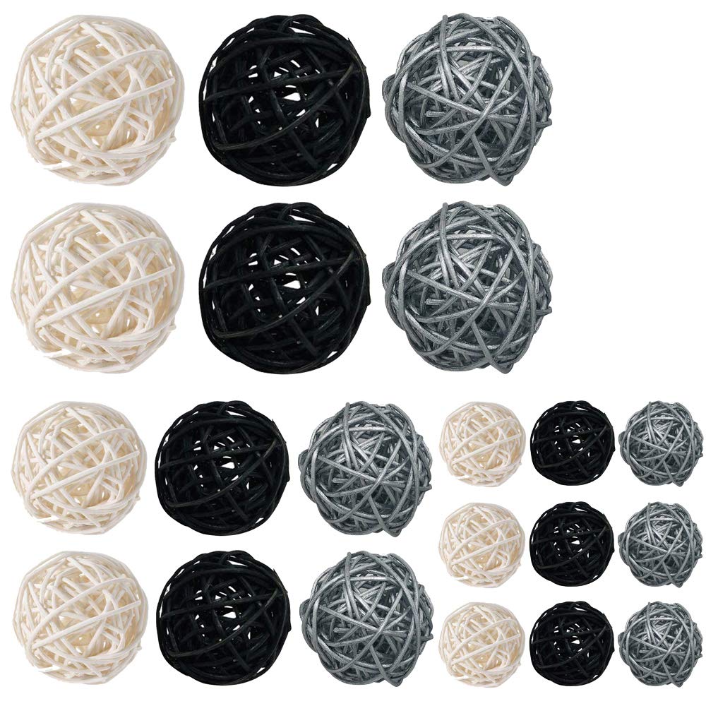 Worldoor 21 Pcs/lot Mixed 3 Colors Rattan Wicker Balls Vase Fillers for Wedding Party Christmas Decoration, Assorted Three Size(3cm/5cm/7cm) (White Black Silver)