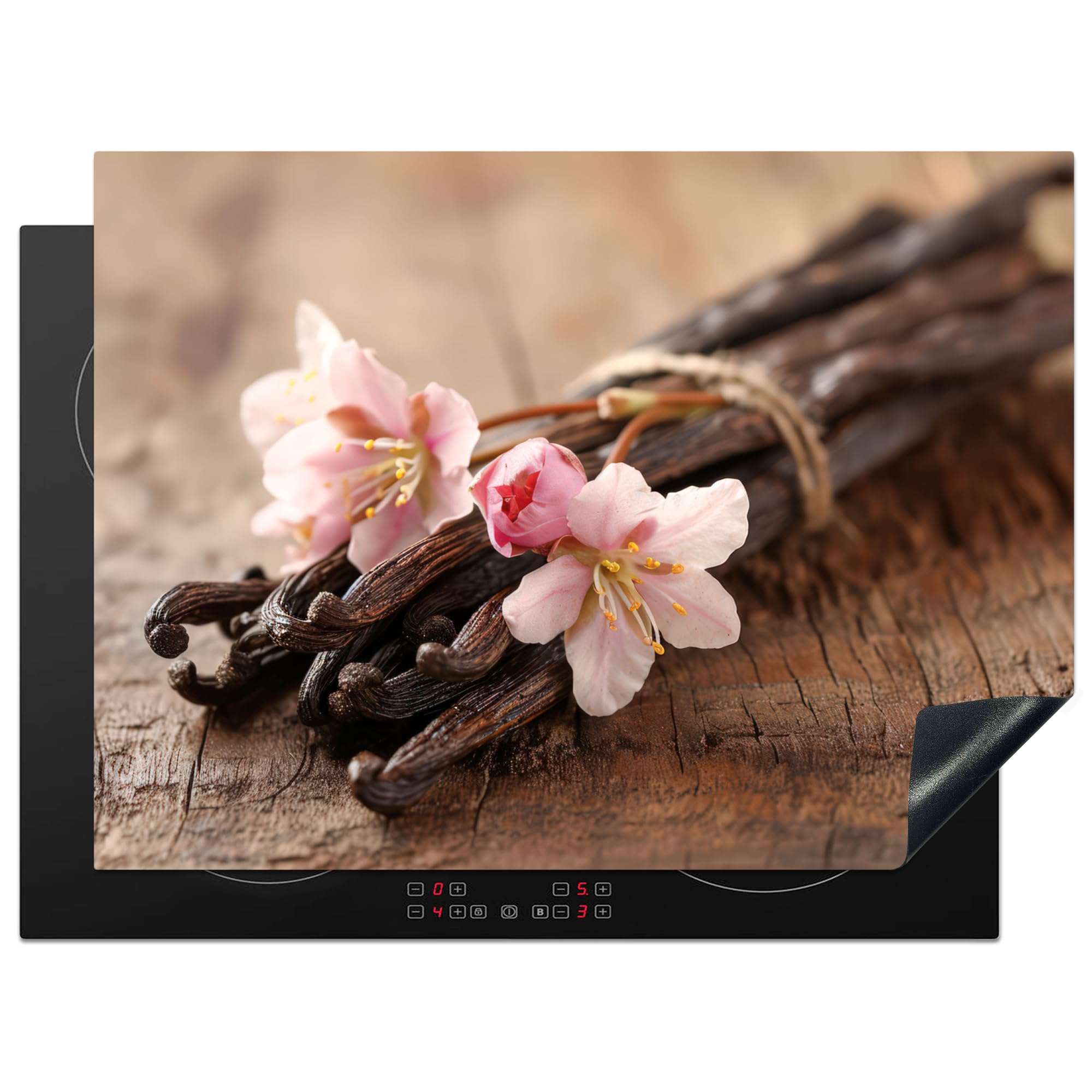 KitchenYeah© Induction Hob Cover Protector Mat 20.5"x27.6" / 70x52 cm Kitchen Universal Ceramic Covers for Electric Cookers Vinyl Vanilla - Flowers - Vanilla pods - Wood - Pink