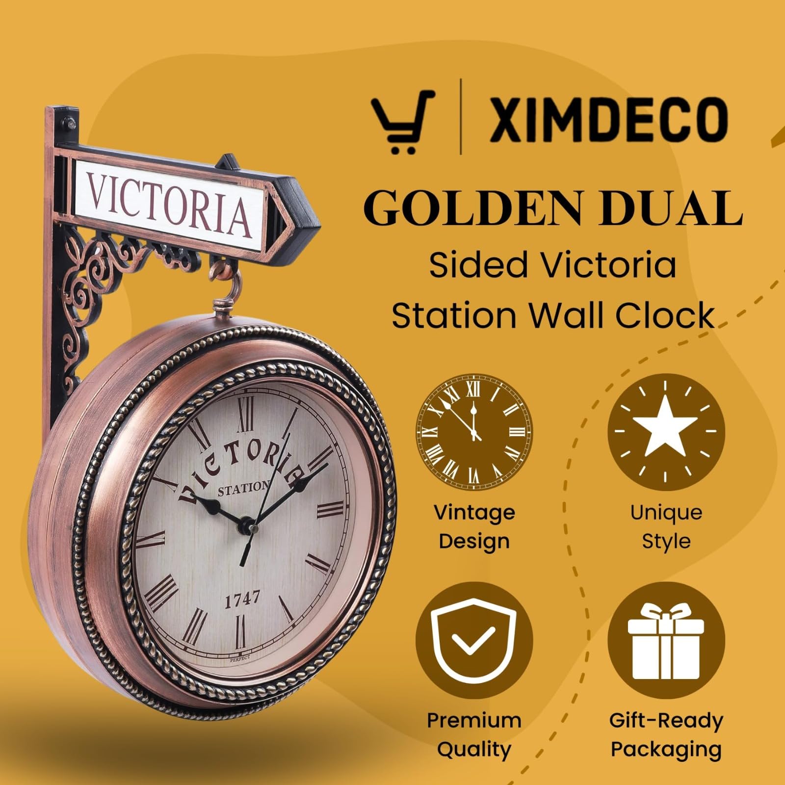 Ximdeco® Golden Plastic Wooden Pattern Replica Dual Side Victoria Station Analog Wall Clock Hanging Style Platform Railway Clock Home Decor (Copper) (Length 33 cm, Width 10 cm) 1