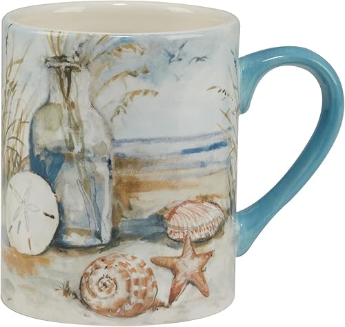 Miniatura 2 de Coastal Landscape 16 oz. Ceramic Mugs – Set of 4 Assorted Beach Designs with Starfish, Shells & Ocean Bottles – Seaside Coffee Cups for Tea, Hot