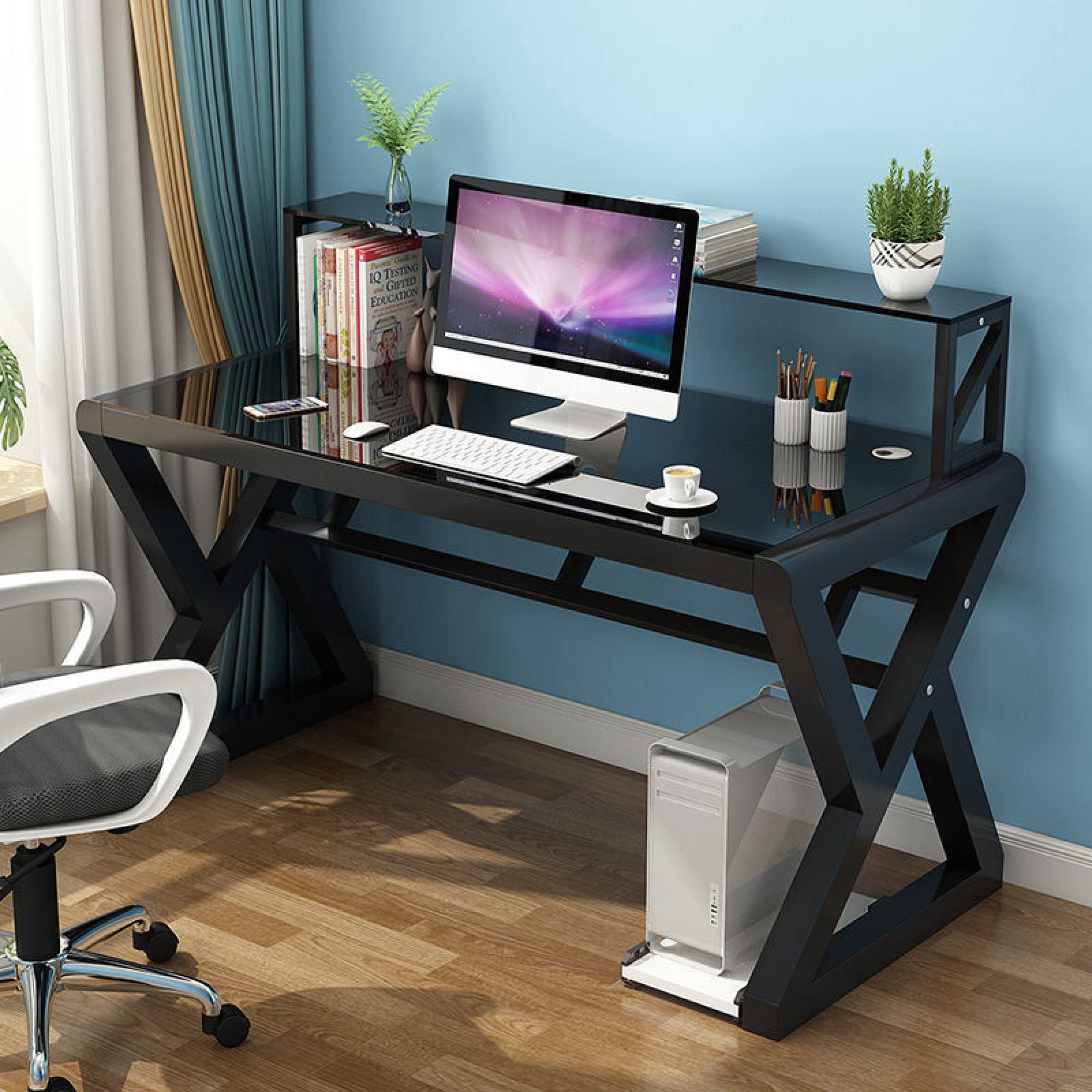 Scrivania per computer in vetro temperato con libreria, moderna e semplice, per casa e ufficio, scrivania per studenti, postazione di lavoro, facile da montare
