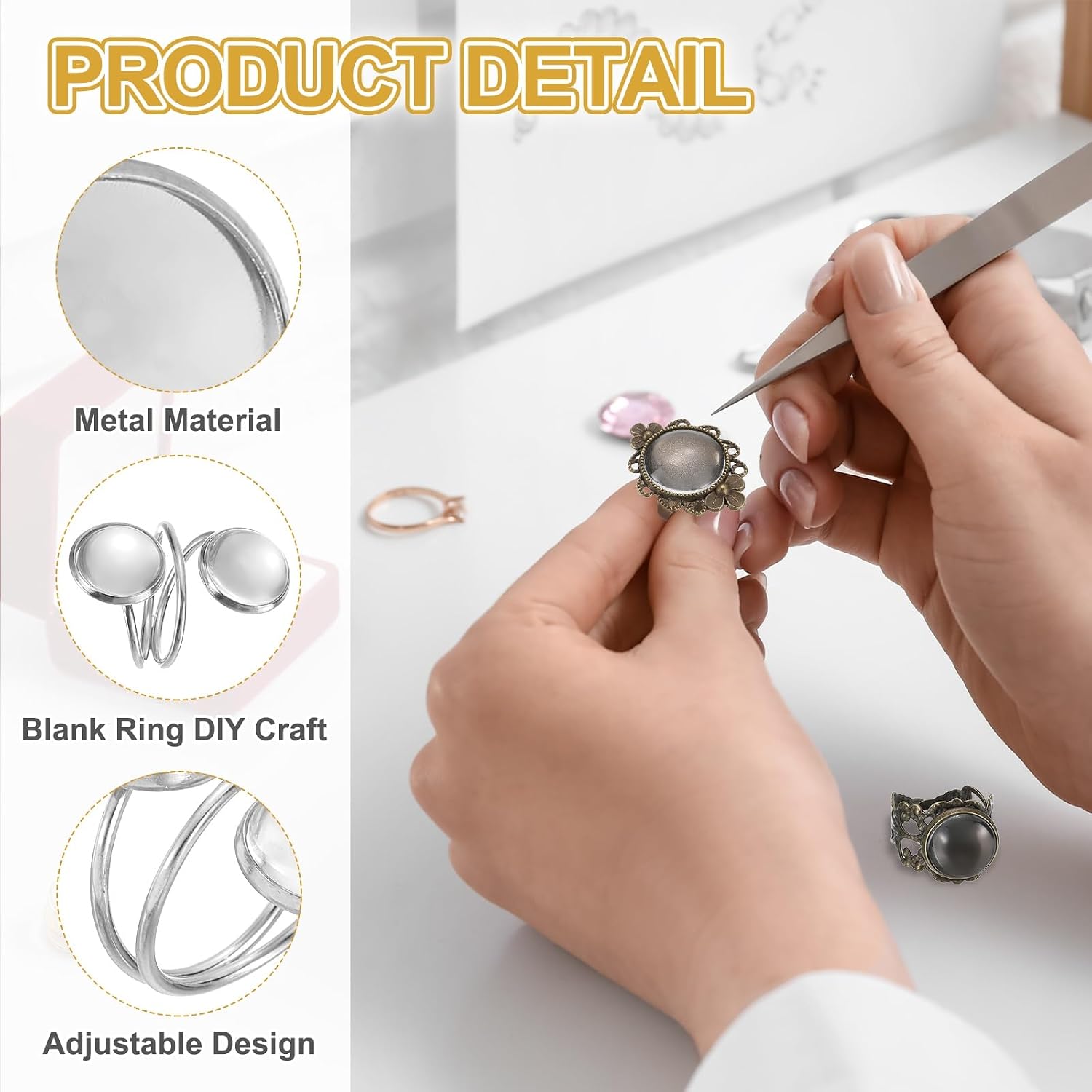 MECCANIXITY 10Pcs Metal Ring Base Blank, 12mm Adjustable Cabochon Blank Base Flat Ring Bezel Tray with 20Pcs Clear Glass Cabochon for Jewelry Making DIY(Light Silver)