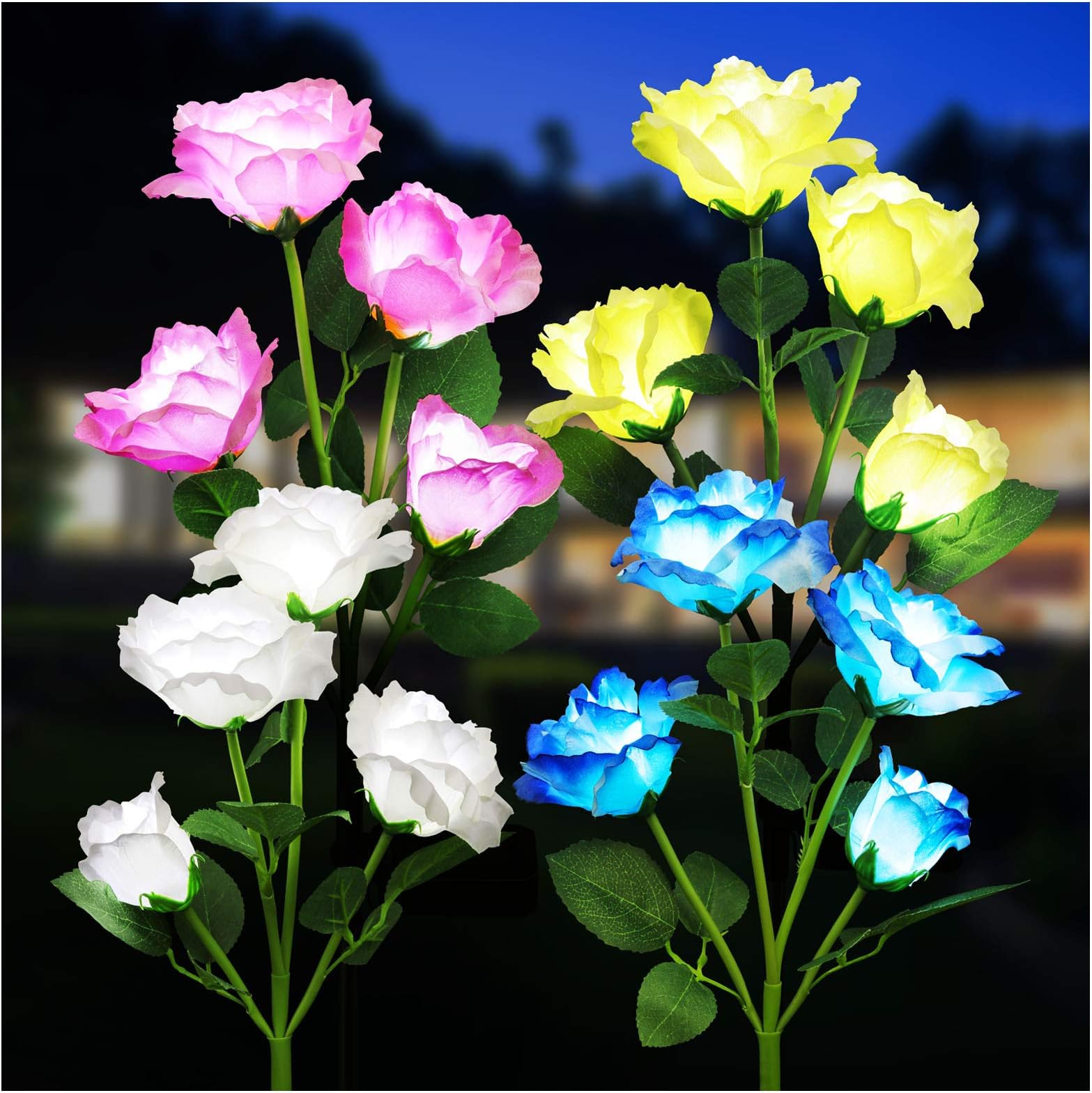 KOOPER Solar Lights Outdoor Decorative, 4PACK Solar Lights with 16 Rose Flowers Lights, Waterproof Solar Powered Outdoor Garden Lights Landscape Decor for Garden Yard Patio (White,Yellow,Pink,Blue)