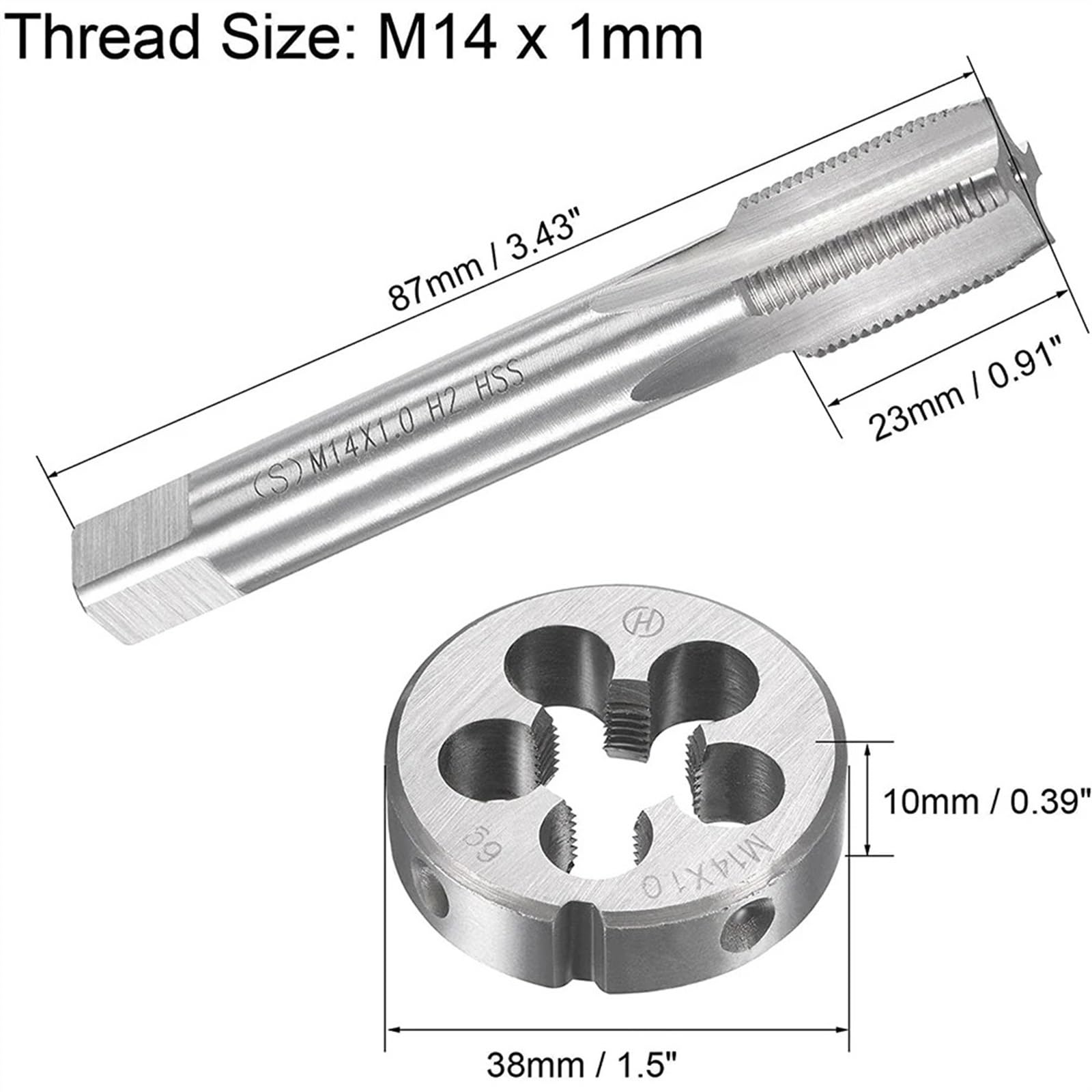 Zestaw gwintowników i narzynek HSS M14X1 mm Gwintownik i narzynka M14X1,0 mm Gwintownik metryczny Prawy gwintownik ze stali szybkotnącej Narzynki Narzędzia ręczne