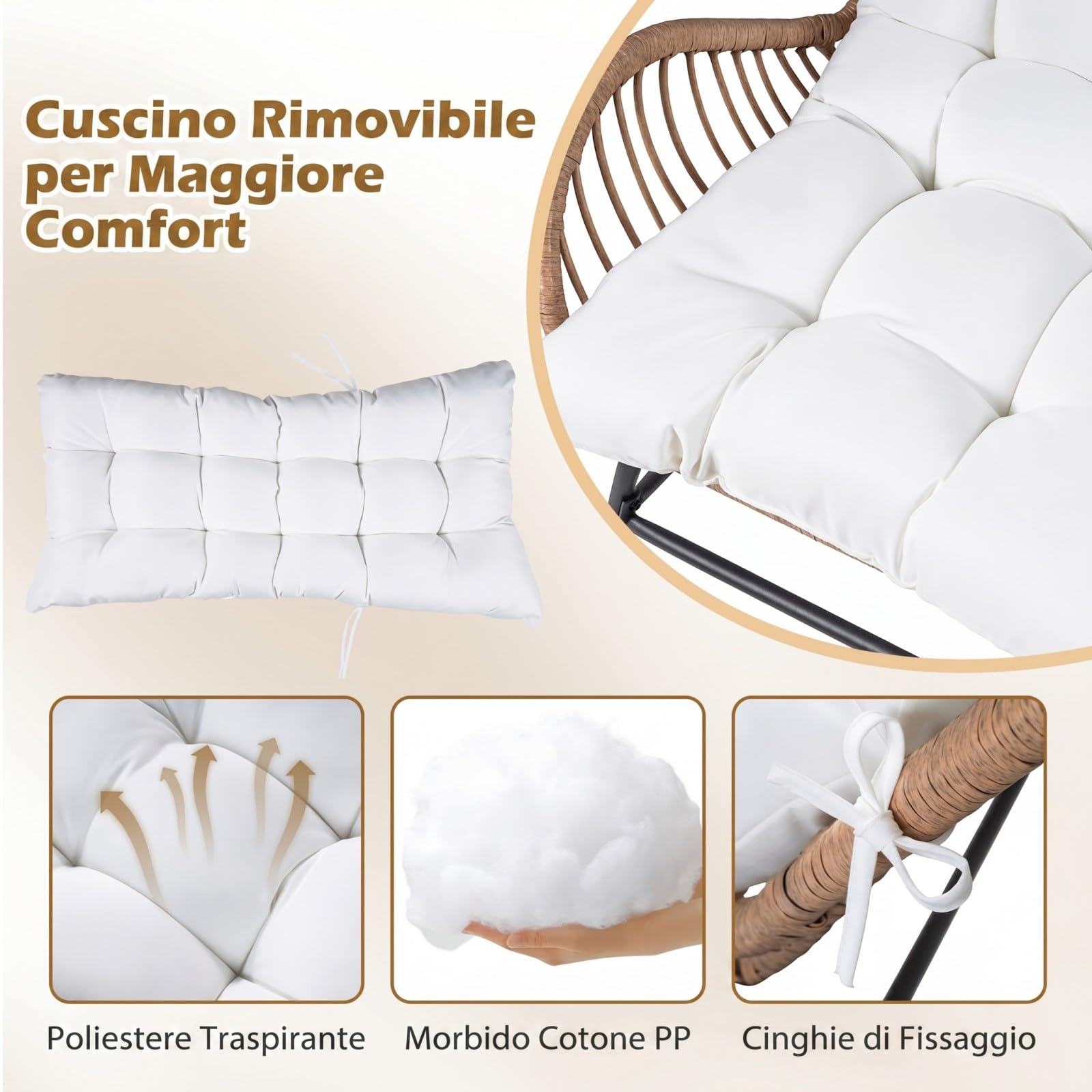 COSTWAY Poltrona Relax da Giardino, Sedia in Rattan con Cuscino Morbido, Telaio in Metallo, Poltrona Ergononica in Rattan per Giardino, Balcone Soggiorno, Portata 180 kg (Bianco,1)