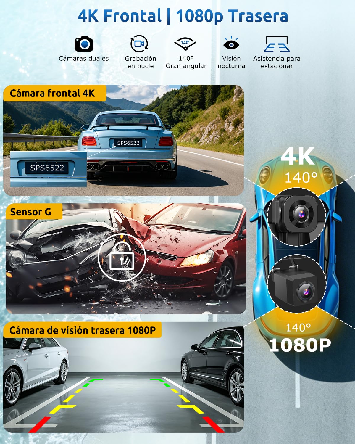 ESSGOO Pantalla Coche 11 Pulgadas con Carplay y Android Auto Inalámbrico con 4K Cámara Frontal Giratoria de 360°,Trasera 1080P,IPS Táctil,Bluetooth 5.3,Mirror Link,Control por Voz