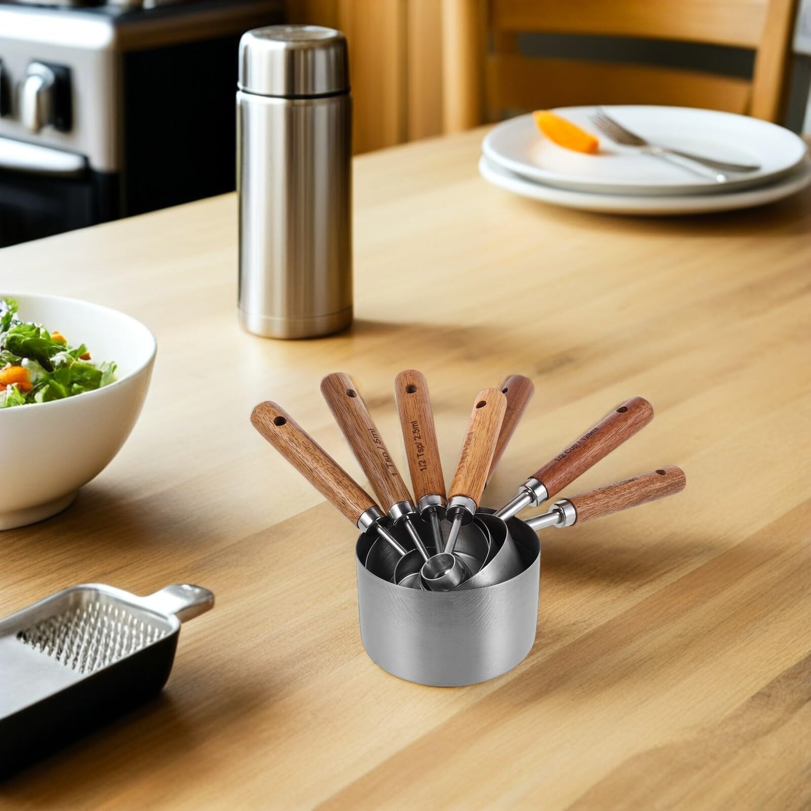 Artibetter Cuillères et Tasses à Mesurer Poignée en Bois Antidérapante Ensemble de 8 en Acier Inoxydable pour Professionnels Cuisine et Pâtisserie