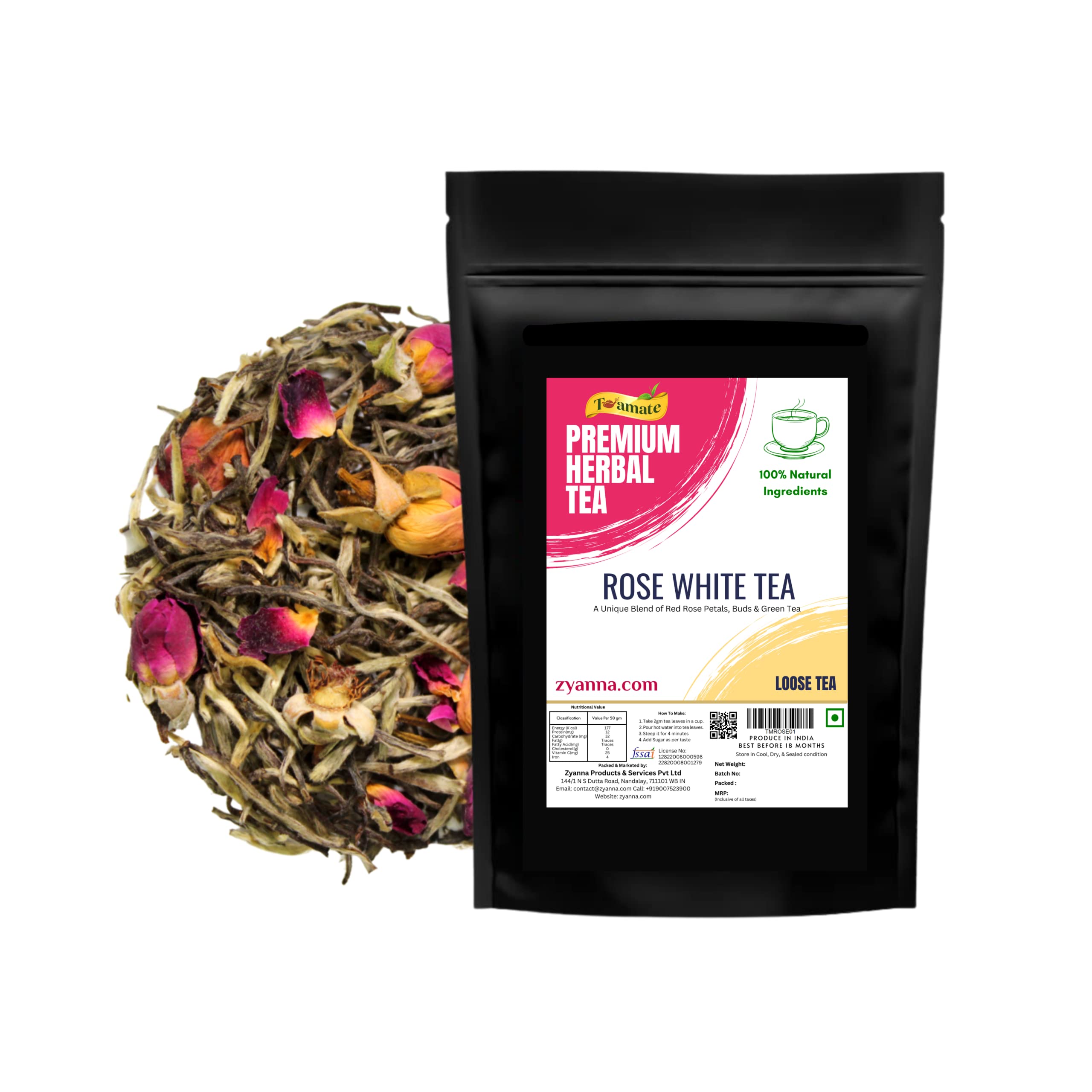ZYANNA Premium Rose White Tea-White Tea With Rose Buds(50Cups)- Handpicked Delicate Leaves With Subtle Floral Aroma-Low Caffeine And Rich In Antioxidants-Teamate(Rosew,100Gm)