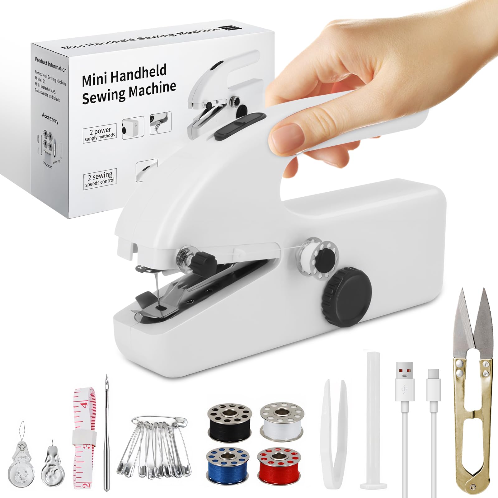 Photo 1 of **ONLY THE TOOL** Handheld Sewing Machine Cordless – Portable Mini Handheld Sewer, Pocket Sewing Machine for Quick Repairs, Handy Stitch, Travel Stitch Sew Quick, Home & DIY Fabric (Black-White)