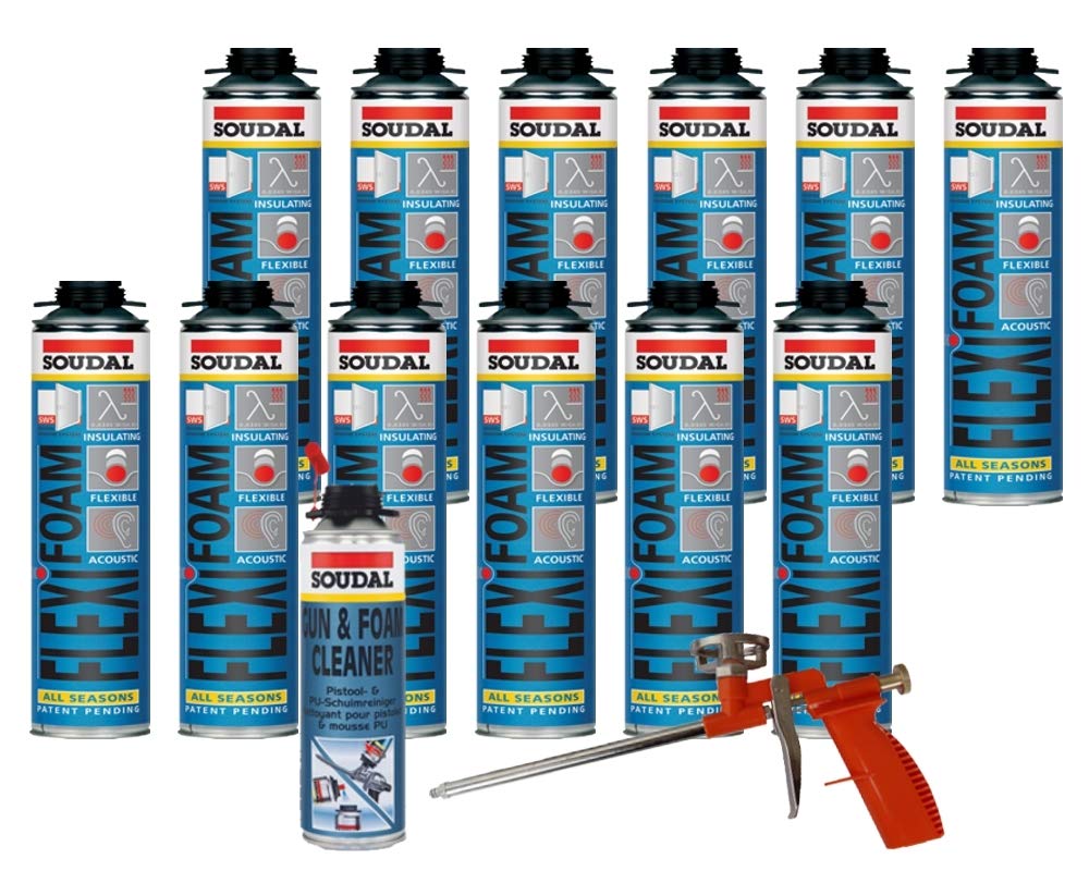 Soudal Ekonomiczny zestaw 12 x Flexifoam pianka okienna 500 ml + pistolet piankowy Compact + środek do czyszczenia pistoletu