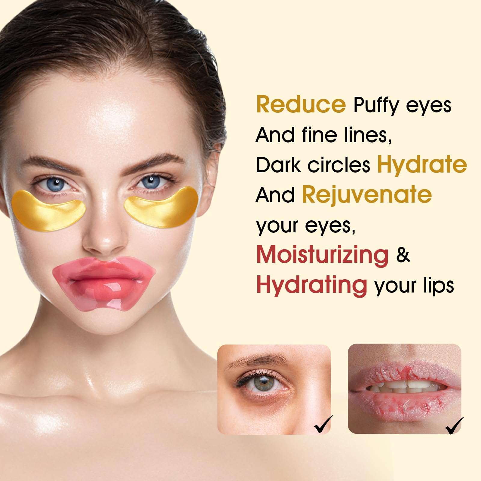 Adofect 40 Pairs Under Eye Patches and Lip Mask 24K Gold Eye Mask for Puffy Eyes Collagen Lip Masks and Crystal Eye Mask Reducing Fine Lines for Women and Men (Gold and Pink) 1