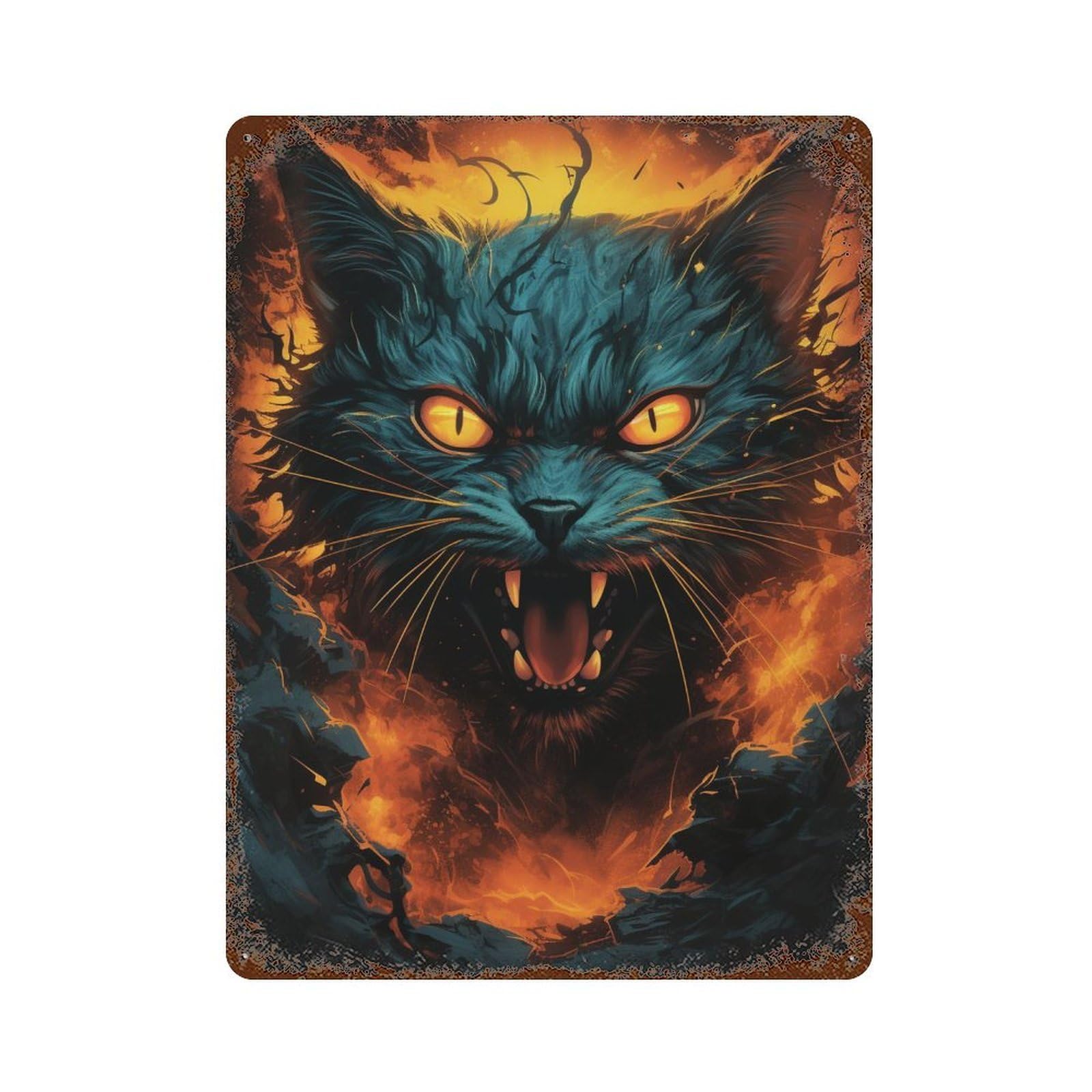 Fiery Cat Artwork Distressed Metal Wall Sign 15.7"x11.8", Ideal for Pub, Kitchen And Man Cave Decor