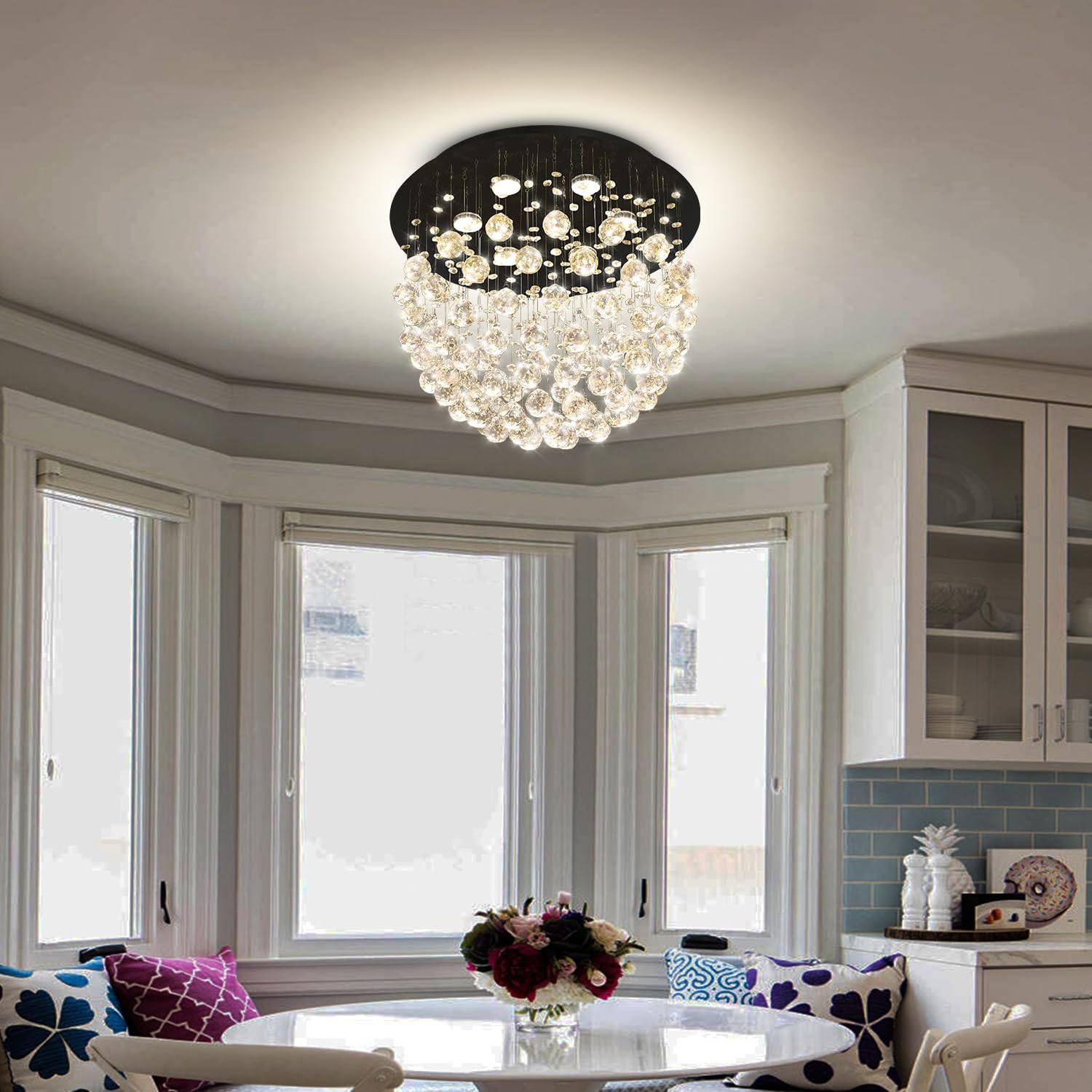 6-Light 20-Inch Black K9 Crystal Flush Mount Chandelier, Modern Ceiling Light Fixture for Bedroom Dining Room Living Room