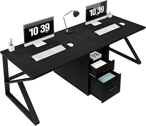 Miniatura 9 de IBF Escritorio negro para computadora con cajón de archivos, escritorio para 2 personas con estante de gabinete de almacenamiento, oficina moderna y