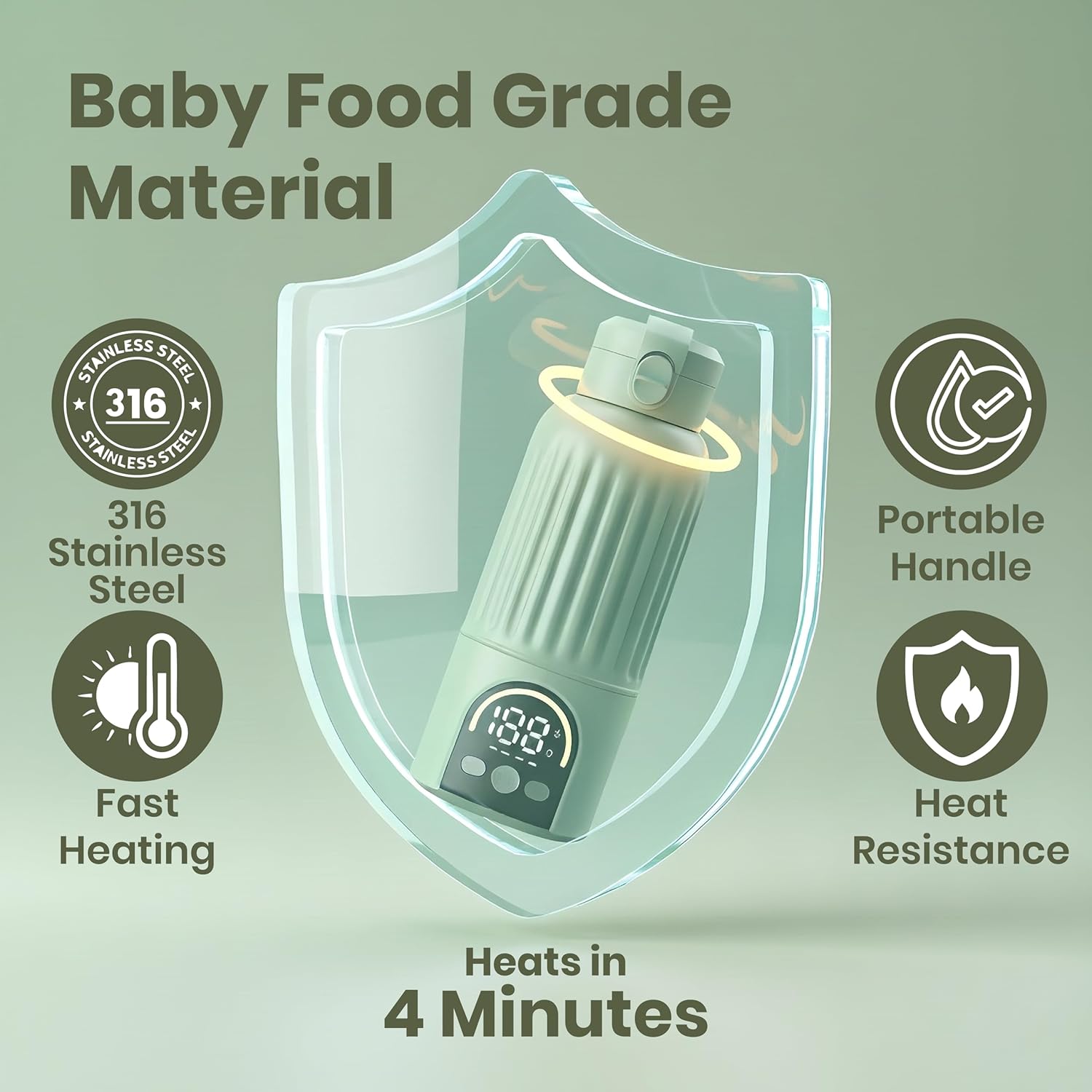 𝐏𝐫𝐞𝐦𝐢𝐮𝐦 Portable Milk Bottle Warmer 17 Oz – 140W Fast USB Heating | 316 Stainless Steel Baby Milk Warmer for Formula & Breastmilk | Temp Display, Long Insulation for Travel (Green)