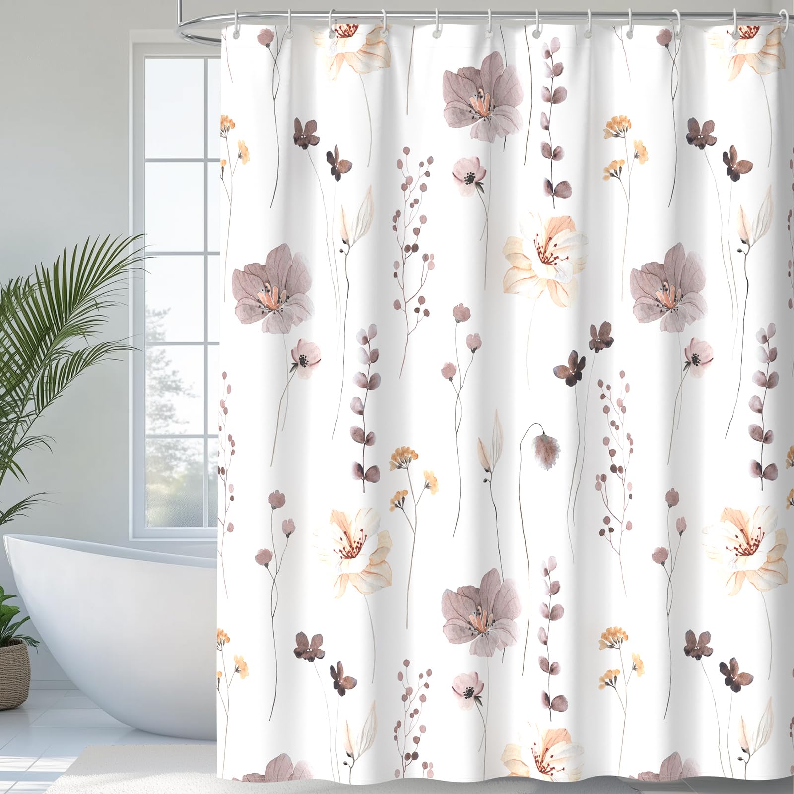 QiyI Watercolor Floral Shower Curtain, Flowers Print Minimalist Bathroom Curtain, Machine Washable Spring Modern Bath Curtain, Waterproof Fabric
