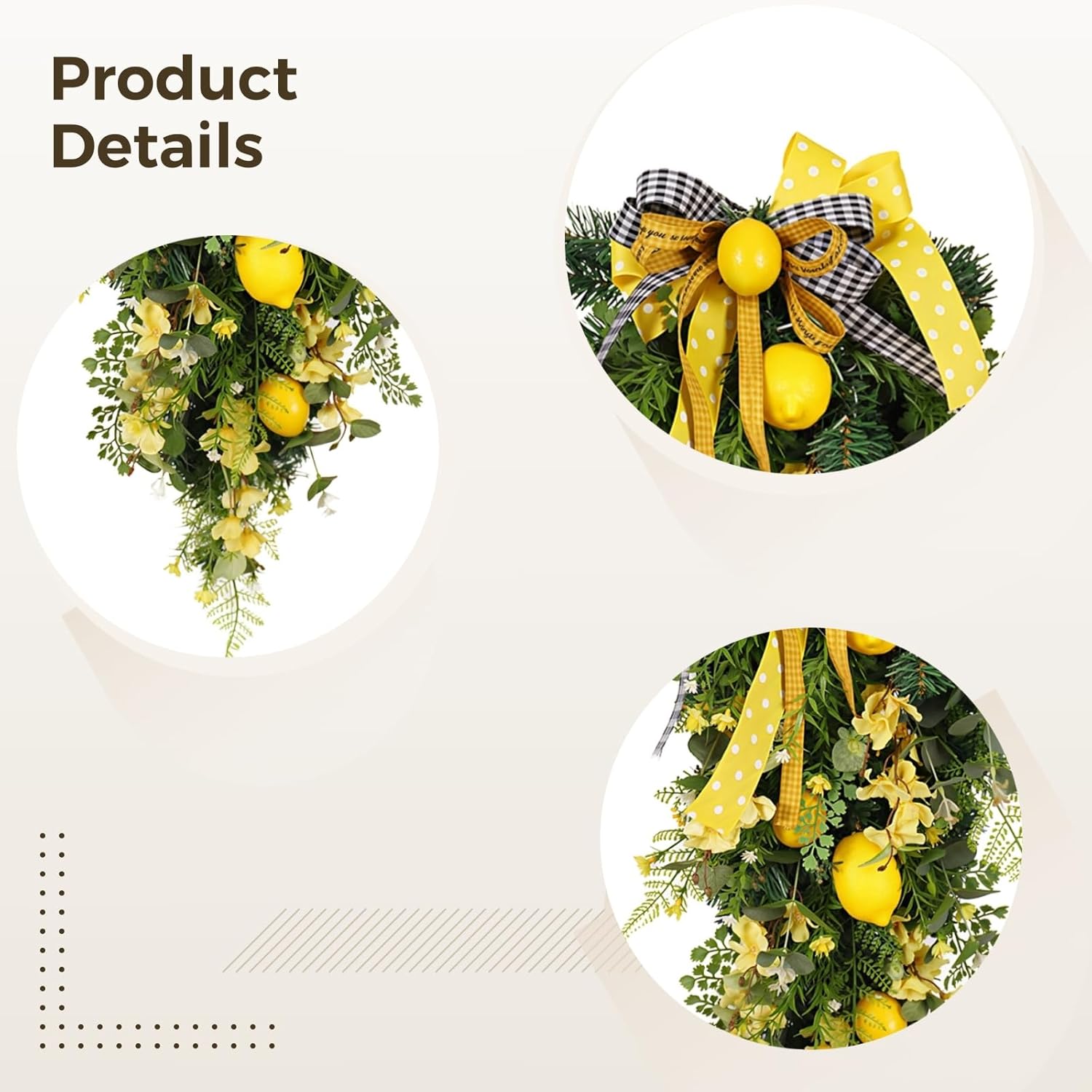 Artificial Spring Lemon Wreath with Flowers, Indoor/Outdoor Decorative Hanging Lemon Tree, Compatible Battery Operated Lights, Yellow and Green, Measures 15.8 X 27.6 in