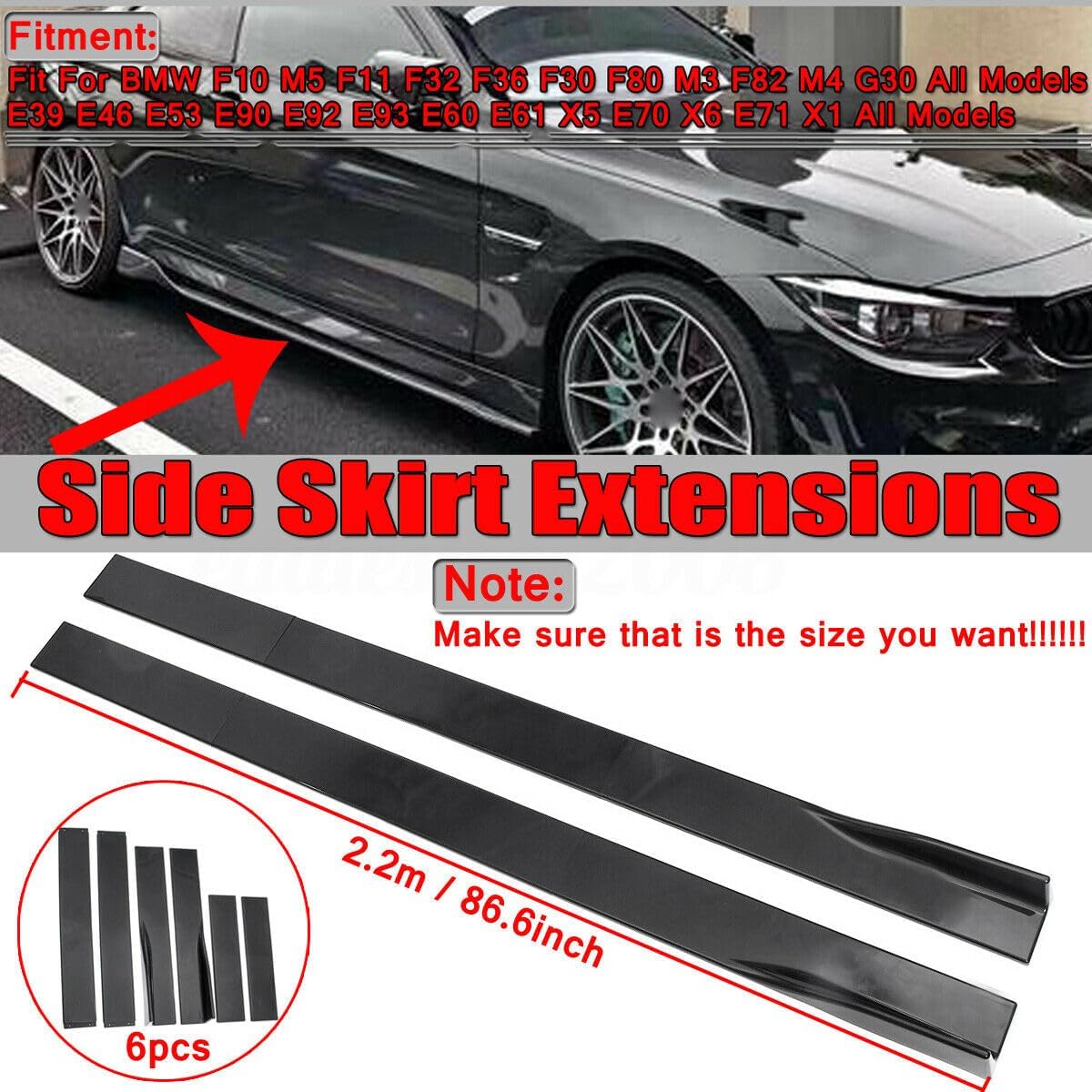2 PCS Universal Side Skirts Extensions Splitters for Lexus Infiniti Subaru Mazda Car,2.2M/86.6 inch Car Rocker Panels Side Skirt Body Kit,Left/Right