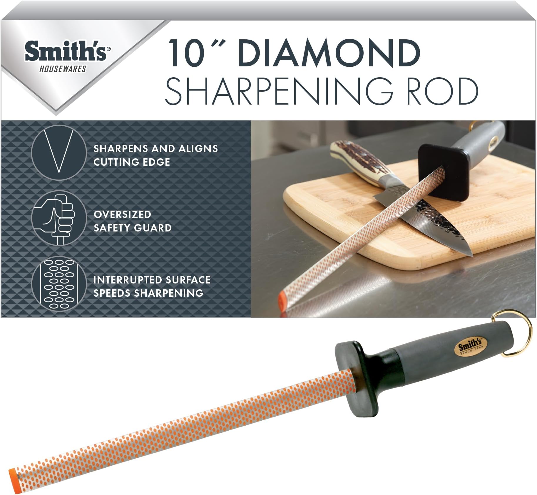 Smith's 3001 10” Oval Diamond Sharpening Steel Rod – Grey – Oval Design – Rubber Grip Handle – Plastic Sharpening Tip