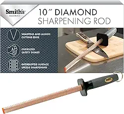 Smith's 3001 Vara de aço oval para afiar diamante de 25,4 cm – cinza – design oval – alça de borracha – ponta de afiação de plástico