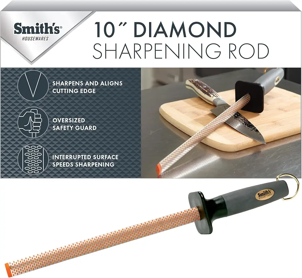 Smith's 3001 Vara de aço oval para afiar diamante de 25,4 cm – cinza – design oval – alça de borracha – ponta de afiação de plástico