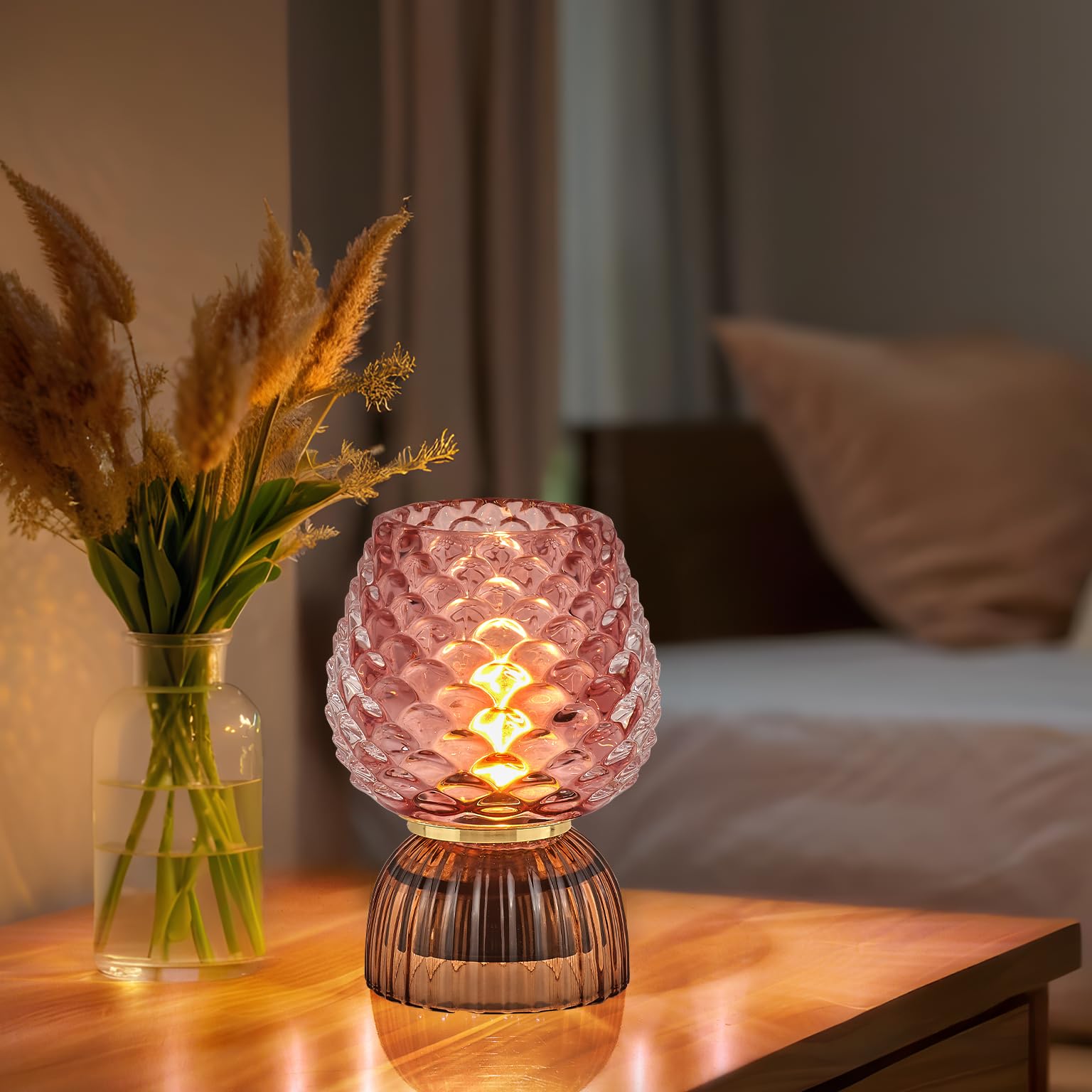 Lámpara a pilas con temporizador, pequeña lámpara de mesa de cristal inalámbrica para decoración del hogar, dormitorio, luz ambiental, regalo de vacaciones, hongo, pincone, rosa