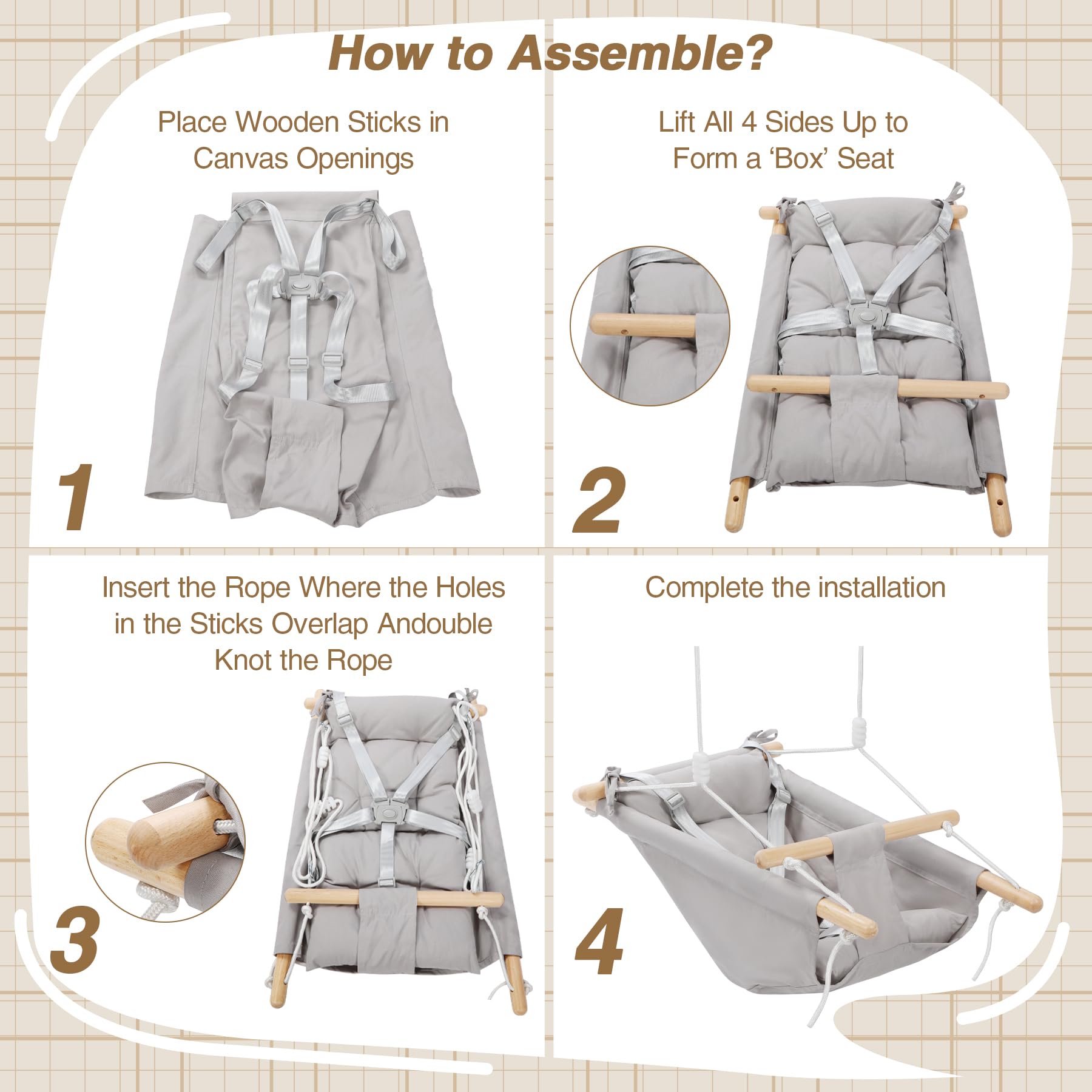 REDCAMP Altalena 3 in 1 con cintura a 5 punti, cotone traspirante e legno, per interni ed esterni, fino a 50 kg, altalena per bambini a partire dai 6 mesi in su (grigio)