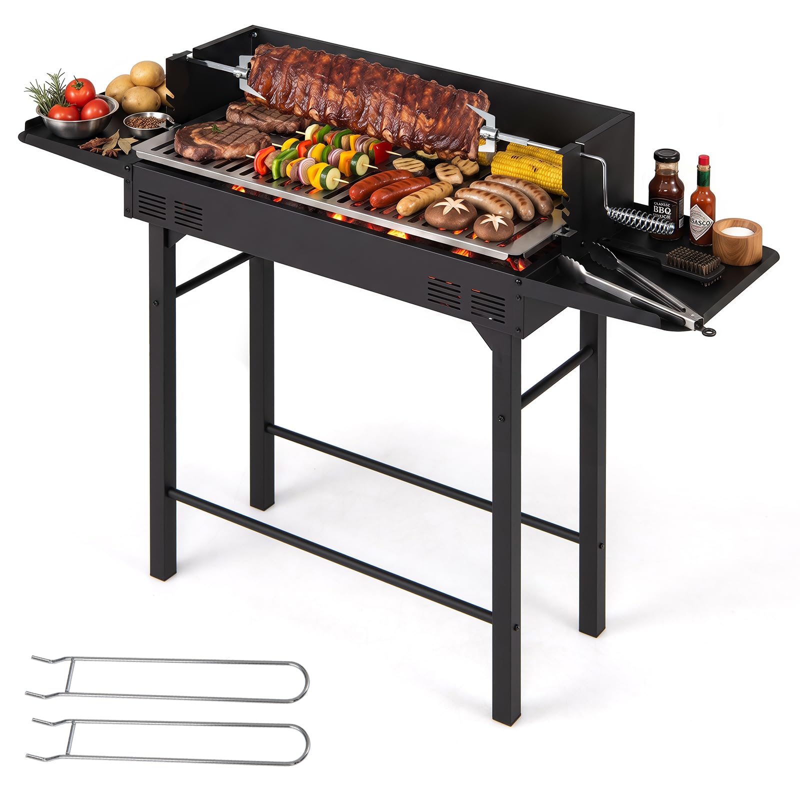 COSTWAY Barbacoa de Carbón, Rejilla de Altura Regulable, 120 x 32,5 x 90 cm | 2 Mesas Laterales, Espeto Giratorio, Protector Antiviento, Parrilla Barbacoa Rectangular para Camping, Picinic BBQ