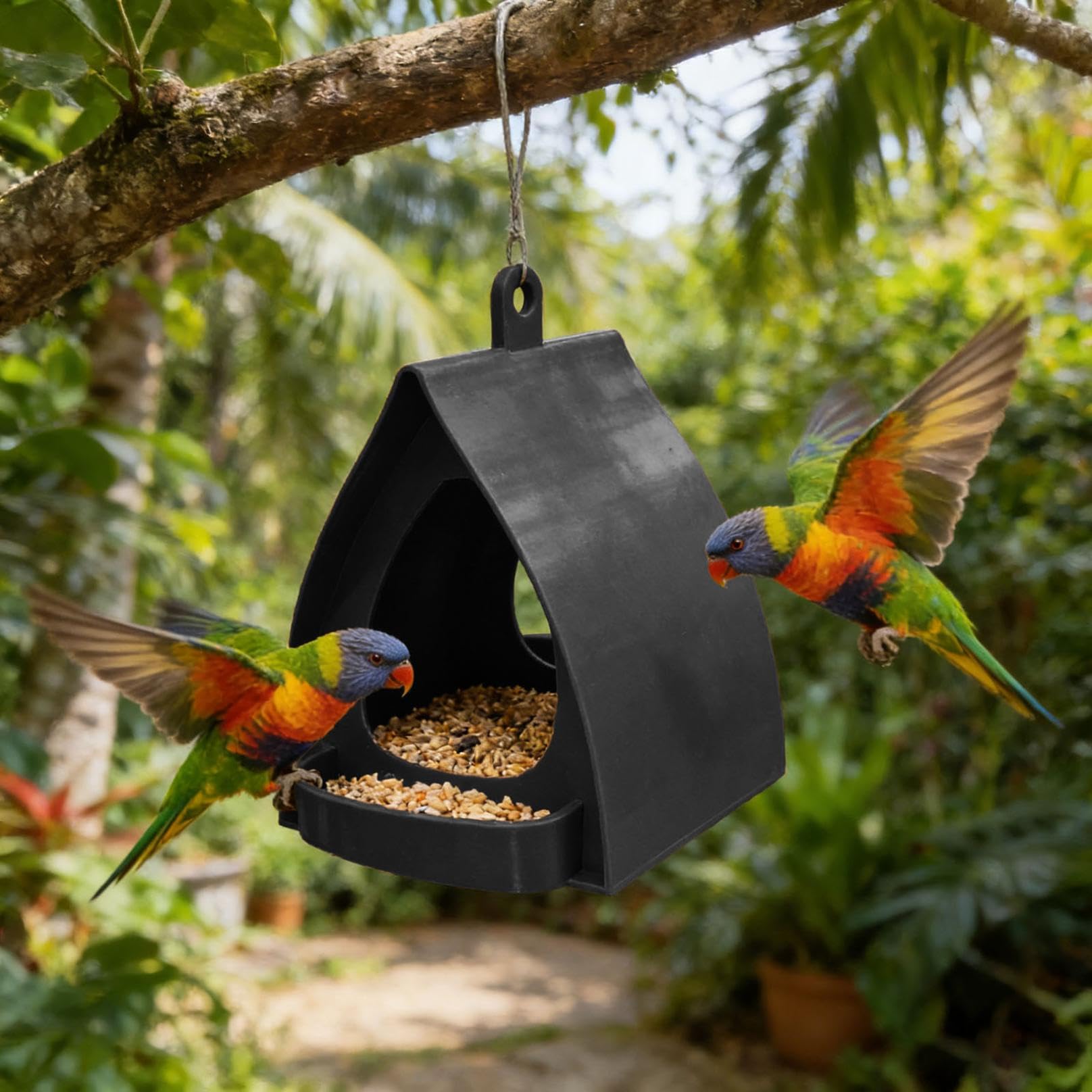 House Shape Bird Feeder, Open Design Hanger with Top Hook, Rain Resistant Roof Birds Feeding, for Outside Garden Balcony Winter (Black)
