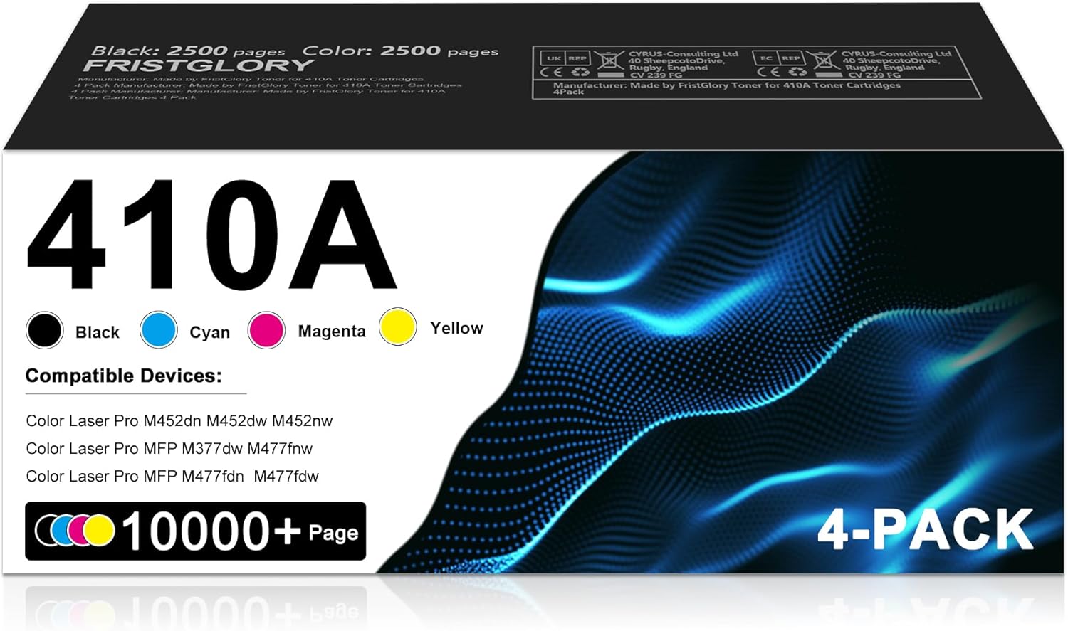 410A Toner Cartridges 4 Pack (Black/Cyan/Yellow/Magenta) Replacement for HP 410A CF410A Toner Cartridge for Colo Pro M452DN M452DW M452NW MFP M377DW M477FNW M477FDN M477FDW Printer