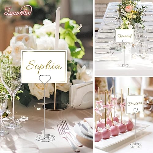 Miniatura 6 de IMAMIN 16 portatarjetas de lugar, 8.75 pulgadas de alto, soporte de fotos plateado para mesas con clip en forma de corazón para bodas, fotos,