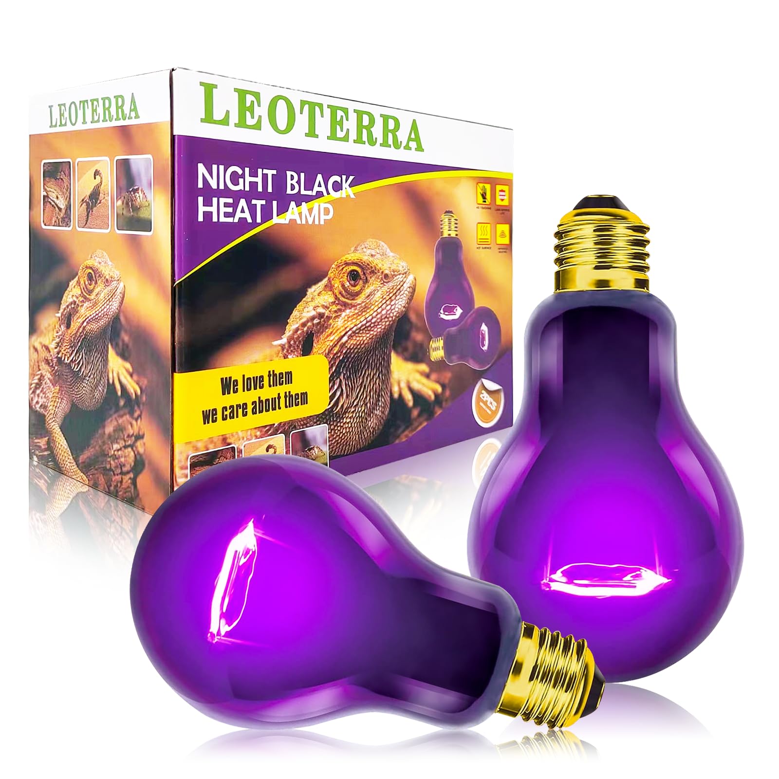 Leoterra Reptile Night Heat Lamp 2-Pack 100W - Purple Moonlight Simulation Bulb 40+Gallons Tank Use for Chameleons, Snakes, Green Iguanas Lizard Use 120V E26 Base 2000+ Hours Long Life