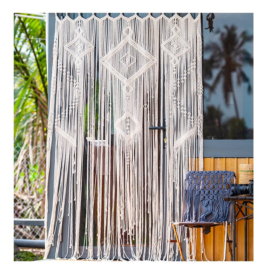 Lace Macrame Curtains For Doorways, Boho Curtains For Bedroom, Living Room, Macrame Door Curtain, Bohemian Backdrop, Beaded Curtain Boho Valance, Weeding Bohemian Backdrop, 77x43 In, Beige