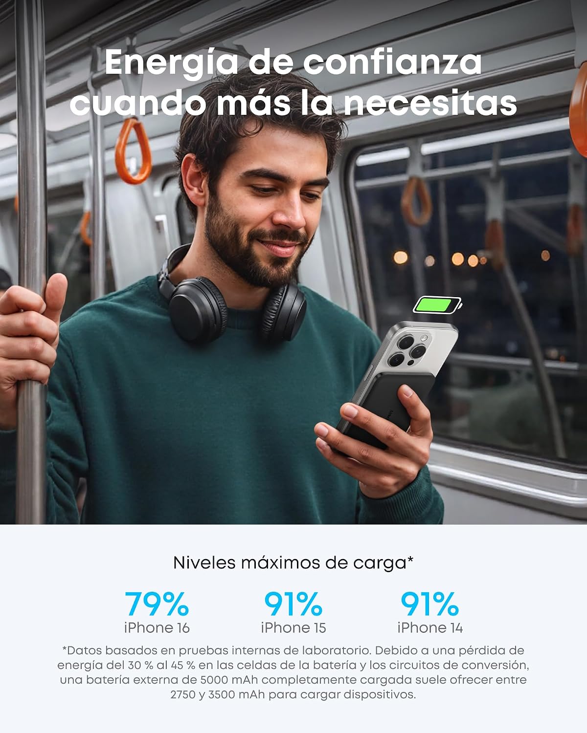 Anker Nano Certificado Qi2 15W Power Bank Magsafe ultradelgada de 5000 mAh, Cargador portátil Compatible con MagSafe,diseño ergonómico, para iPhone 17/16/15/14, Negro 7