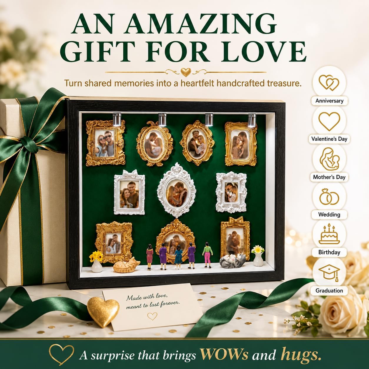 DIY Mini Frames Silhouette Box, Shadow Box Frame Kit with Gold Mini Frames and Figurines, Celebrate Your Unique Memories, for Anniversary, Wedding, Birthday, Valentine's Day & Home Decor