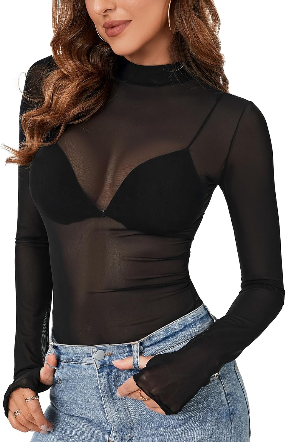 KIFOVEN Women’s Sheer Mesh Top Long Sleeve Mock Neck See Through Sexy Bodycon T Shirt Blouse Clubwear - Image 3
